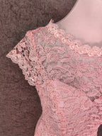 Elegant Pink Mermaid Short Sleeve Crew Neck Cutout Lace Long Classy Prom Dress