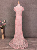Elegant Pink Mermaid Short Sleeve Crew Neck Cutout Lace Long Classy Prom Dress
