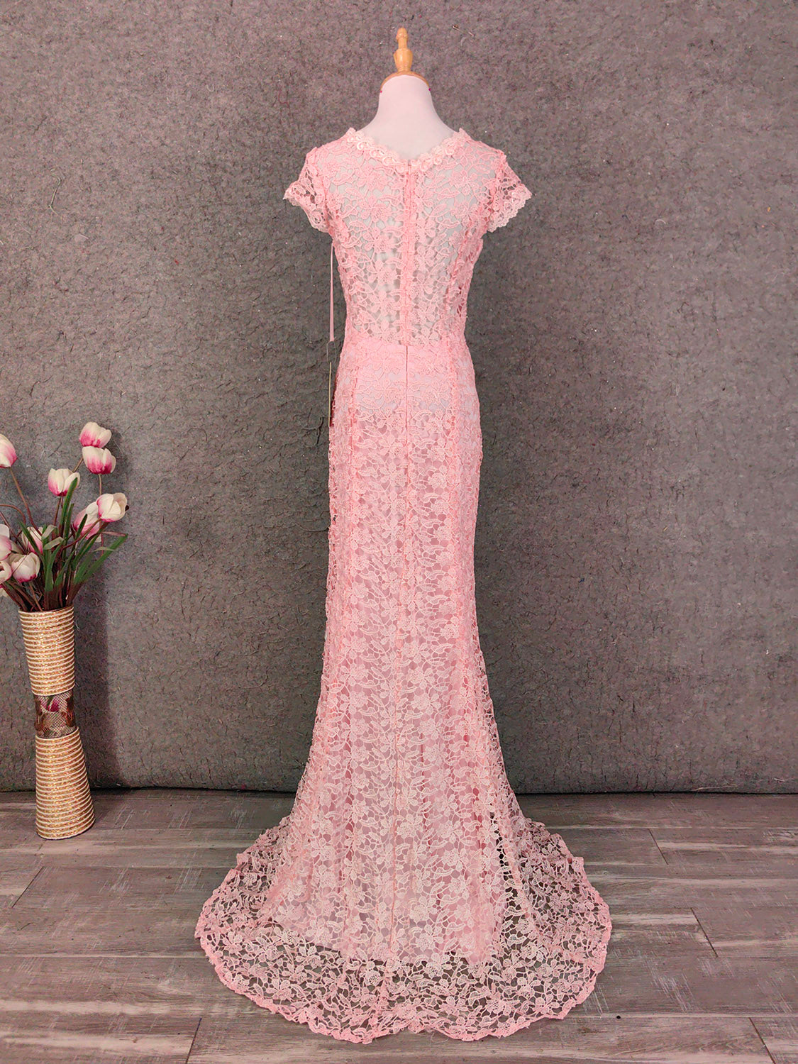 Elegant Pink Mermaid Short Sleeve Crew Neck Cutout Lace Long Classy Prom Dress