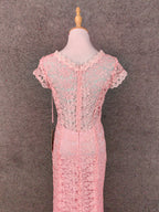Elegant Pink Mermaid Short Sleeve Crew Neck Cutout Lace Long Classy Prom Dress