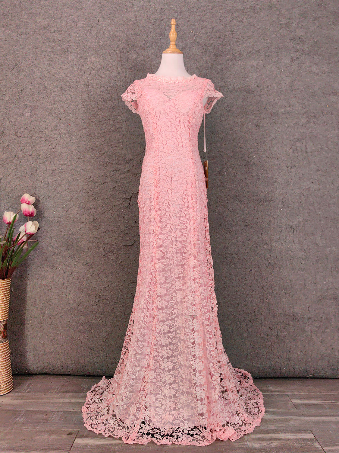 Elegant Pink Mermaid Short Sleeve Crew Neck Cutout Lace Long Classy Prom Dress Main image