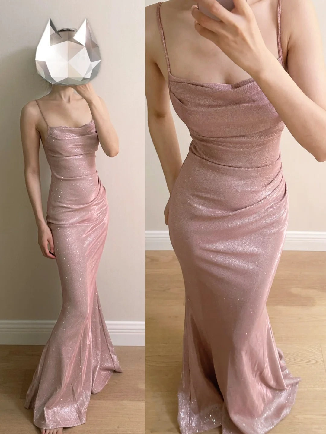 Elegant Pink Mermaid Spaghetti Strap Glittery Long Classy Prom Dress Bridesmaid Dress