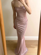 Elegant Pink Mermaid Spaghetti Strap Glittery Long Classy Prom Dress Bridesmaid Dress