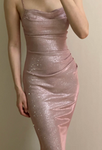 Elegant Pink Mermaid Spaghetti Strap Glittery Long Classy Prom Dress Bridesmaid Dress