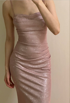 Elegant Pink Mermaid Spaghetti Strap Glittery Long Classy Prom Dress Bridesmaid Dress