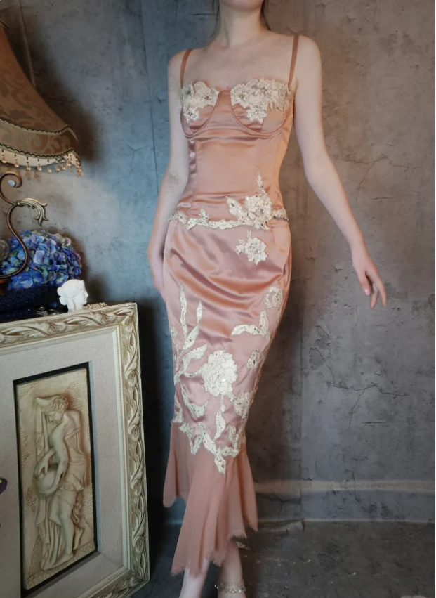 Elegant Pink Mermaid Spaghetti Strap Lace Embroidered Satin Classy Prom Dress Secondary image