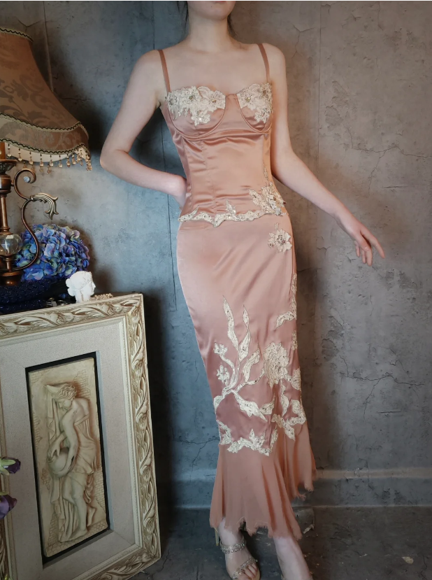 Elegant Pink Mermaid Spaghetti Strap Lace Embroidered Satin Classy Prom Dress