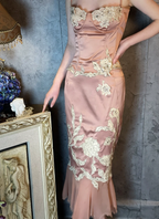Elegant Pink Mermaid Spaghetti Strap Lace Embroidered Satin Classy Prom Dress