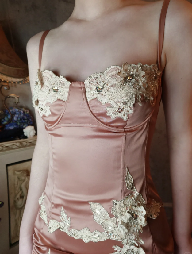 Elegant Pink Mermaid Spaghetti Strap Lace Embroidered Satin Classy Prom Dress
