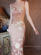 Elegant Pink Mermaid Spaghetti Strap Lace Embroidered Satin Classy Prom Dress