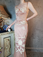 Elegant Pink Mermaid Spaghetti Strap Lace Embroidered Satin Classy Prom Dress