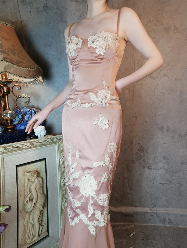 Elegant Pink Mermaid Spaghetti Strap Lace Embroidered Satin Classy Prom Dress