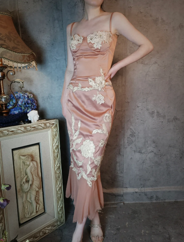 Elegant Pink Mermaid Spaghetti Strap Lace Embroidered Satin Classy Prom Dress