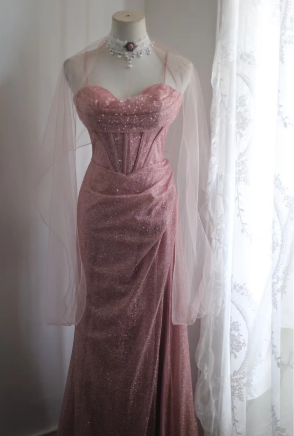 Elegant Pink Mermaid Spaghetti Strap Sequined Long Classy Prom Dress