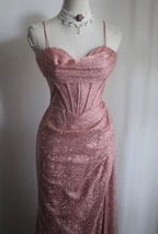 Elegant Pink Mermaid Spaghetti Strap Sequined Long Classy Prom Dress