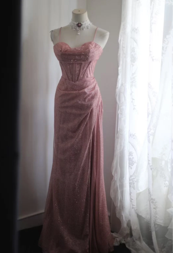 Elegant Pink Mermaid Spaghetti Strap Sequined Long Classy Prom Dress Main image