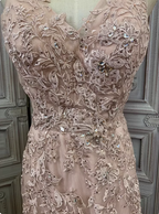 Elegant Pink Mermaid V-Neck Lace Embroidery Tulle Long Classy Prom Dress
