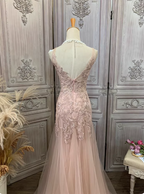Elegant Pink Mermaid V-Neck Lace Embroidery Tulle Long Classy Prom Dress