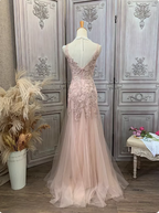 Elegant Pink Mermaid V-Neck Lace Embroidery Tulle Long Classy Prom Dress
