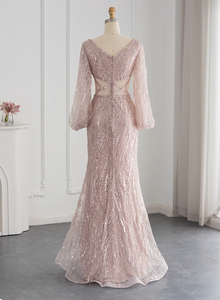 Elegant Pink Mermaid V-Neck Long Sleeve Sequin Long Classy Prom Dress