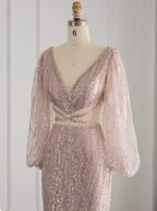 Elegant Pink Mermaid V-Neck Long Sleeve Sequin Long Classy Prom Dress
