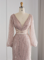 Elegant Pink Mermaid V-Neck Long Sleeve Sequin Long Classy Prom Dress