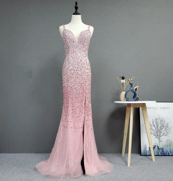 Elegant Pink Mermaid V-Neck Spaghetti Strap Full Rhinestone Slit Tulle Train Classy Prom Dress Secondary image