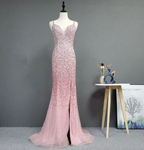Elegant Pink Mermaid V-Neck Spaghetti Strap Full Rhinestone Slit Tulle Train Classy Prom Dress