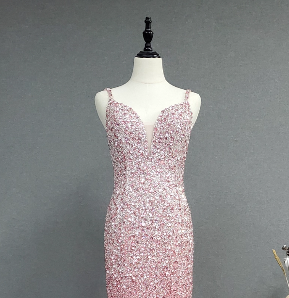 Elegant Pink Mermaid V-Neck Spaghetti Strap Full Rhinestone Slit Tulle Train Classy Prom Dress
