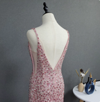 Elegant Pink Mermaid V-Neck Spaghetti Strap Full Rhinestone Slit Tulle Train Classy Prom Dress
