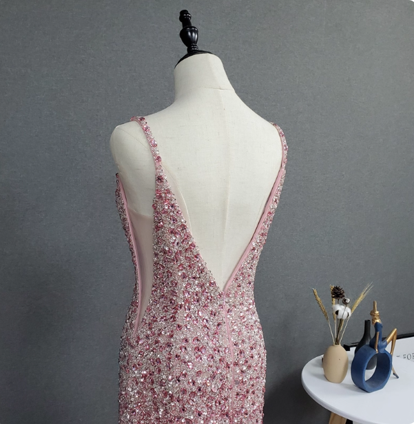 Elegant Pink Mermaid V-Neck Spaghetti Strap Full Rhinestone Slit Tulle Train Classy Prom Dress