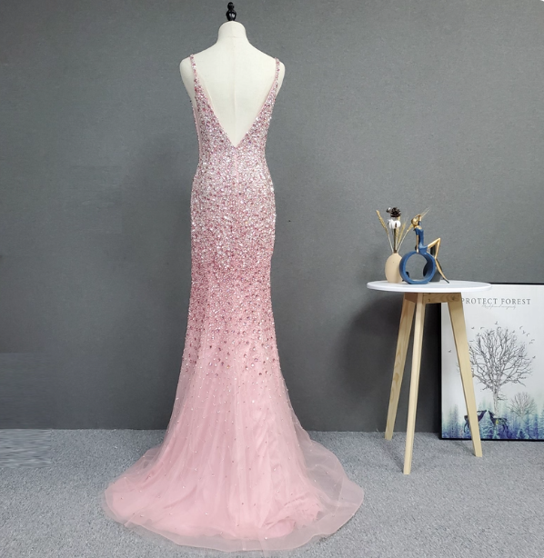 Elegant Pink Mermaid V-Neck Spaghetti Strap Full Rhinestone Slit Tulle Train Classy Prom Dress