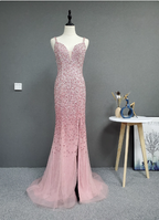 Elegant Pink Mermaid V-Neck Spaghetti Strap Full Rhinestone Slit Tulle Train Classy Prom Dress