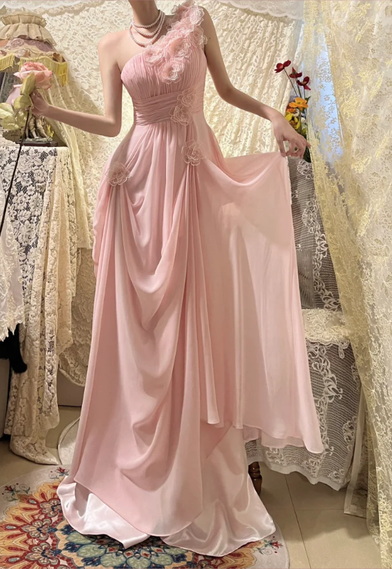 Elegant Pink Off-shoulder 3D Flower Pleated Chiffon Long Prom Dress Main image