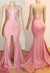 Elegant Pink Evening Prom Party Gowns| Backless Lace Evening Gown With Slit
