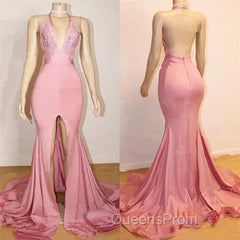 Elegant Pink Evening Prom Party Gowns| Backless Lace Evening Gown With Slit