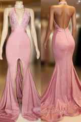 Elegant Pink Evening Prom Party Gowns| Backless Lace Evening Gown With Slit