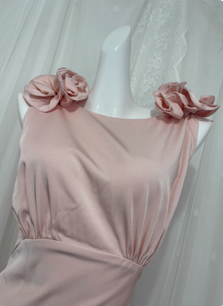 Elegant Pink Sleeveless 3D Floral Crew Neck Satin Long Classy Prom Dress