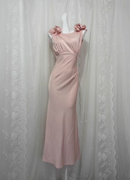 Elegant Pink Sleeveless 3D Floral Crew Neck Satin Long Classy Prom Dress