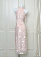 Elegant Pink Slim Halter Neck Jacquard Slit Long Classy Prom Dress