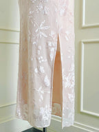 Elegant Pink Slim Halter Neck Jacquard Slit Long Classy Prom Dress