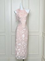Elegant Pink Slim Halter Neck Jacquard Slit Long Classy Prom Dress