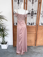 Elegant Pink Spaghetti Strap V-Neck Off-The-Shoulder Slit Sequin Satin Long Classy Prom Dress