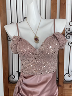 Elegant Pink Spaghetti Strap V-Neck Off-The-Shoulder Slit Sequin Satin Long Classy Prom Dress