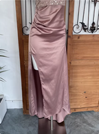 Elegant Pink Spaghetti Strap V-Neck Off-The-Shoulder Slit Sequin Satin Long Classy Prom Dress