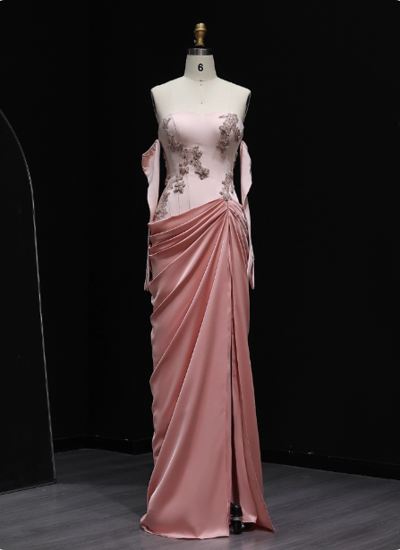 Elegant Pink Strapless Embroidered Floral Satin Slit Long Classy Prom Dress Main image