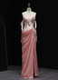 Elegant Pink Strapless Embroidered Floral Satin Slit Long Classy Prom Dress