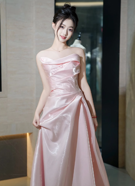 Elegant Pink Strapless Ruffled Satin Long Classy Prom Dress Bridesmaid Dress Secondary image
