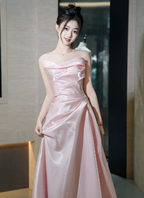 Elegant Pink Strapless Ruffled Satin Long Classy Prom Dress Bridesmaid Dress