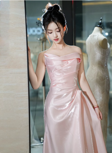 Elegant Pink Strapless Ruffled Satin Long Classy Prom Dress Bridesmaid Dress